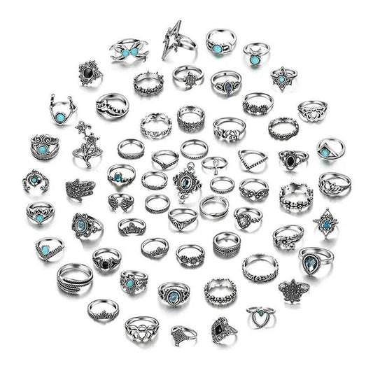 New 60Pcs Womens Rings Silver Gold Plated Rhinestone Vintage Jewelry Bohemian Style Finger Joint Ring Party Favor Gifts