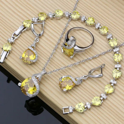 Drop 925 Sterling Silver Jewelry Sets Yellow Topaz for Bride Women Earring Rings Bracelet Fashion Decoration Wedding Jewelry