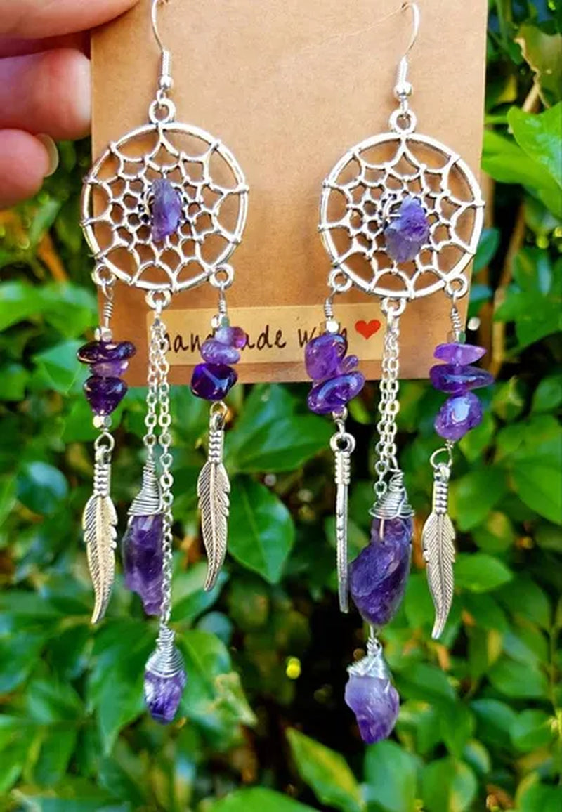 Sterling Silver Raw Amethyst Dream Catcher drop Earrings. Dream catcher dangle earrings