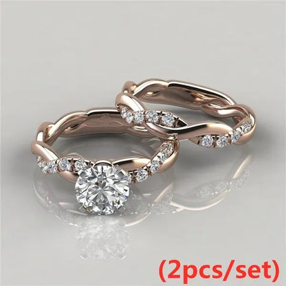 Women'S Dainty Twist round Cut White Sapphire Ring Set Bridal Engagement Diamond Ring Wedding Band Anniversary Gift Banquet Party Jewelry Ring Size 5-11