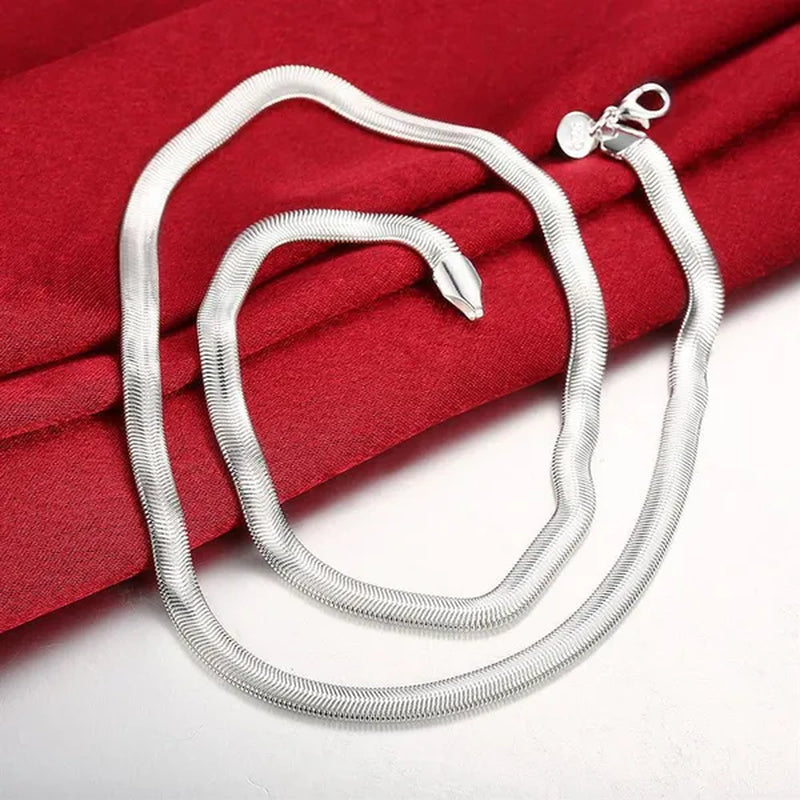 Women's Charm 925 Sterling Silver 6MM Fine Soft Flat Snake Chain Bracelets Elegant Necklace Bridal Wedding Jewelry Set