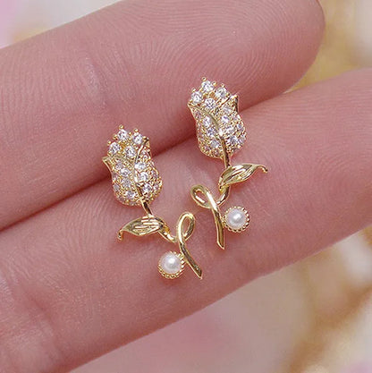 18K Gold Rose Flower Women'S Diamond Earrings Shiny Zircon Bohemian Stud Earrings Engagement Wedding Jewelry