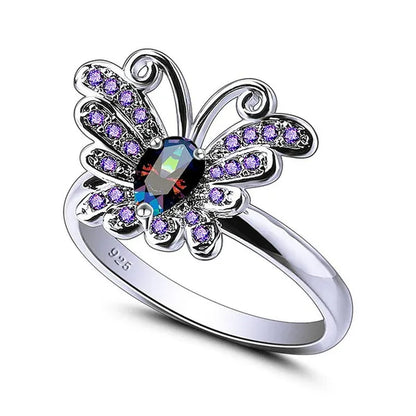 Jewelry 925 Sterling Silver Rainbow Topaz Filled Butterfly Ring for Teen Girls 4*6mm pear shaped high quality lab-created amethyst sapphire Pink gemstone Rings
