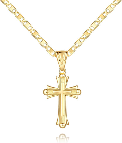 Cross Necklace for Women 14K Gold Cross Necklaces for Women Double Cross Pendant Gold Cross Chain Non-Tarnish Cross Jewelry Womens Gifts 48Cm Mariner Chain