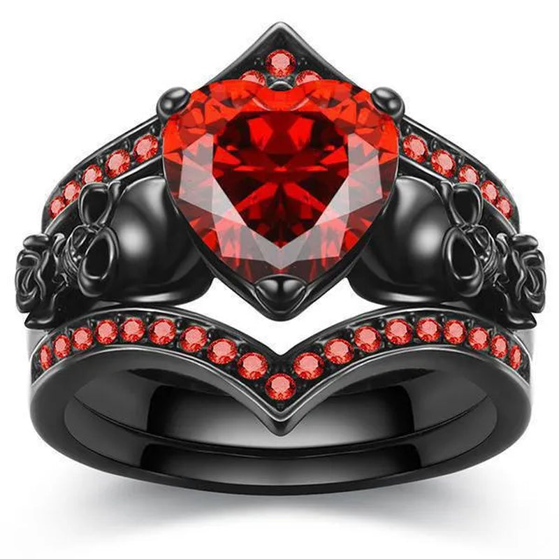Gothic Black Rose Flower Skull Engagement Rings Set Red Purple Heart-shaped Zircon Crystal Wedding Anniversary Holiday Gift