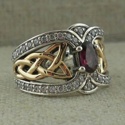 Vintage Women'S Fashion Two Tone Silver & Gold Red Ruby & Blue Sapphire Celtic Ring Anniversary Gift Engagement Bridal Wedding Jewelry Rings Size 5-10