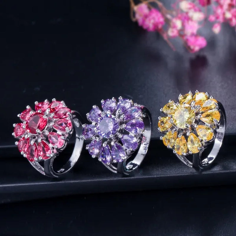 Gloriya Shining Purple Stone Sun Flower Pendant Necklace Earrings Ring Set For Women Newest Silver Color Jewelry