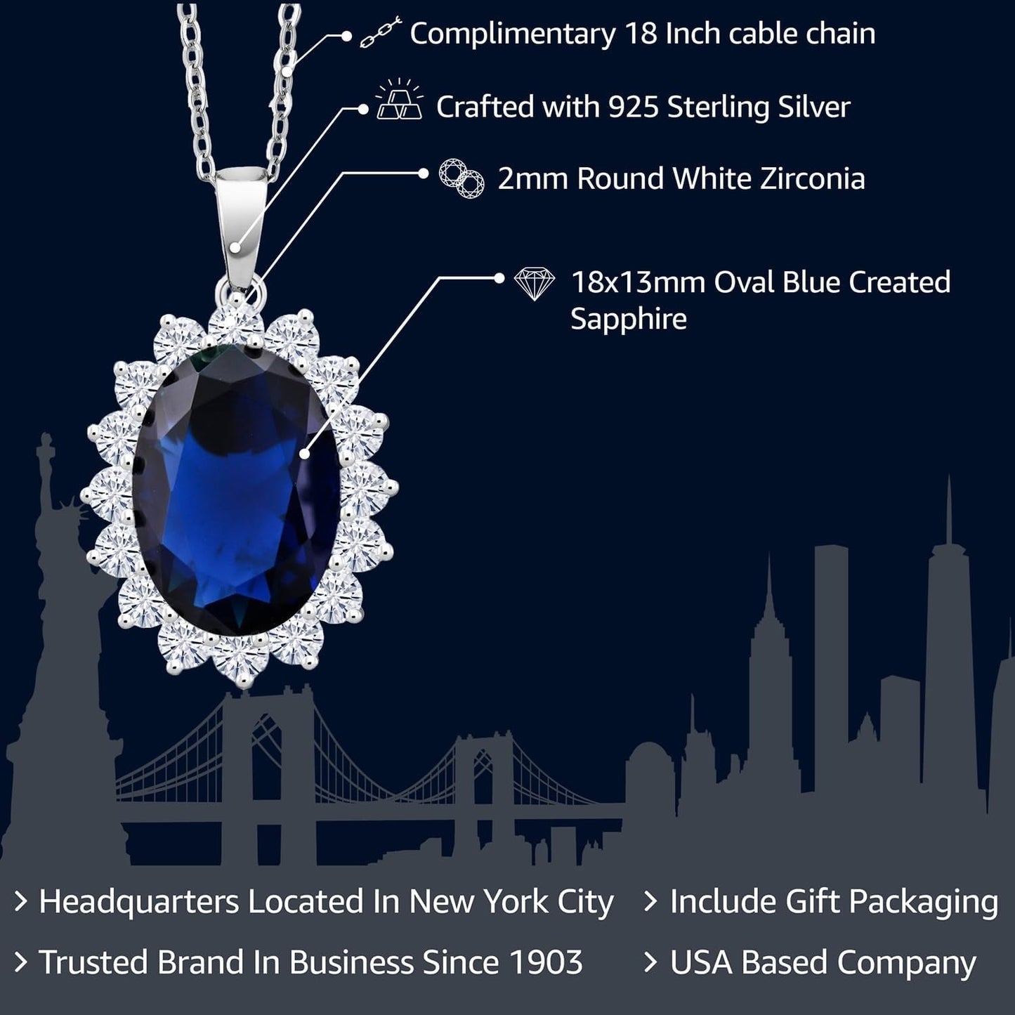 925 Sterling Silver Blue Simulated Sapphire Pendant Necklace for Women | 13.00 Cttw | Oval 13X18MM | with 18 Inch Silver Chain