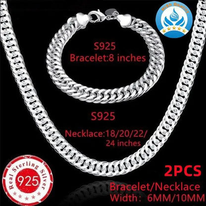925 Sterling Silver 6MM/10MM Thick Tight Filled Heavy 925 Solid Silver Double Cuban Link Chain Necklace&Bracelet Fashion Jewelry Set(20/22/24 inches)for Women and Men