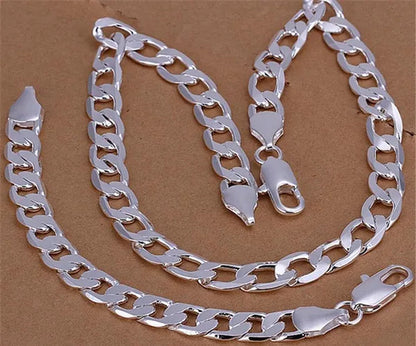 2PCS (Bracelet + Necklace) 925 Sterling Silver Smooth Flat Sideways Chain Necklace Fashion Luxury Exaggerated 16"-30" Fashion Exquisite Jewelry Sets for Women and Men