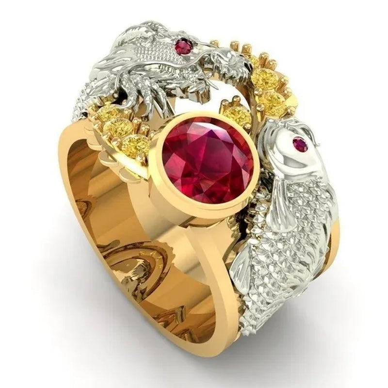 New Classic Fashion Men'S 14K Gold Ring Two-Tone Wrap Dragon 925 Sterling Silver Party Ruby Men'S Engagement Wedding Ring Jewelry Hip Hop Style Bracelet Size 5-14