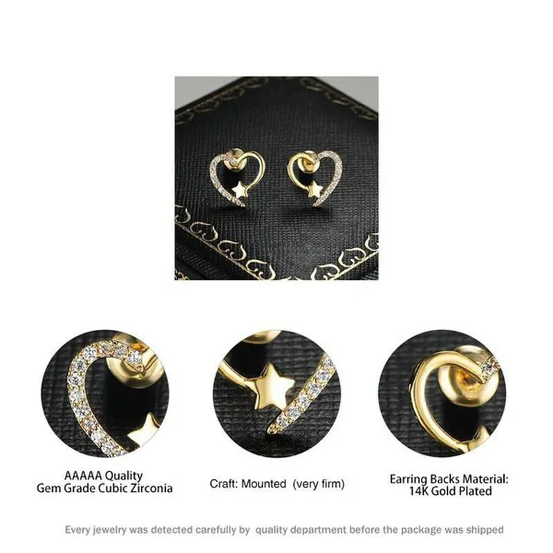 NEW Gold  Love Heart Star White Sapphire Diamond Stud Earrings for Women Wedding Engagement Bride Jewelry Gift
