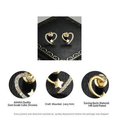 NEW Gold  Love Heart Star White Sapphire Diamond Stud Earrings for Women Wedding Engagement Bride Jewelry Gift