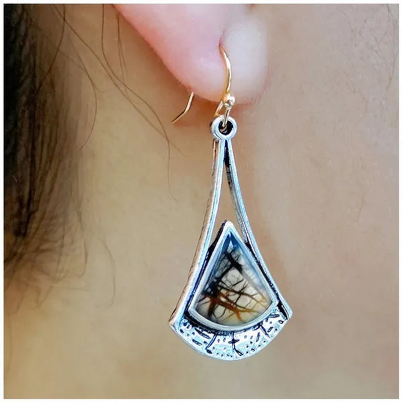 1 Pair Antique 925 Sterling Silver Pendant Earrings Natural Gemstone Inlay Dangle Earrings Bridal Engagement Wedding Anniversary Gift Bohemian Style Earrings