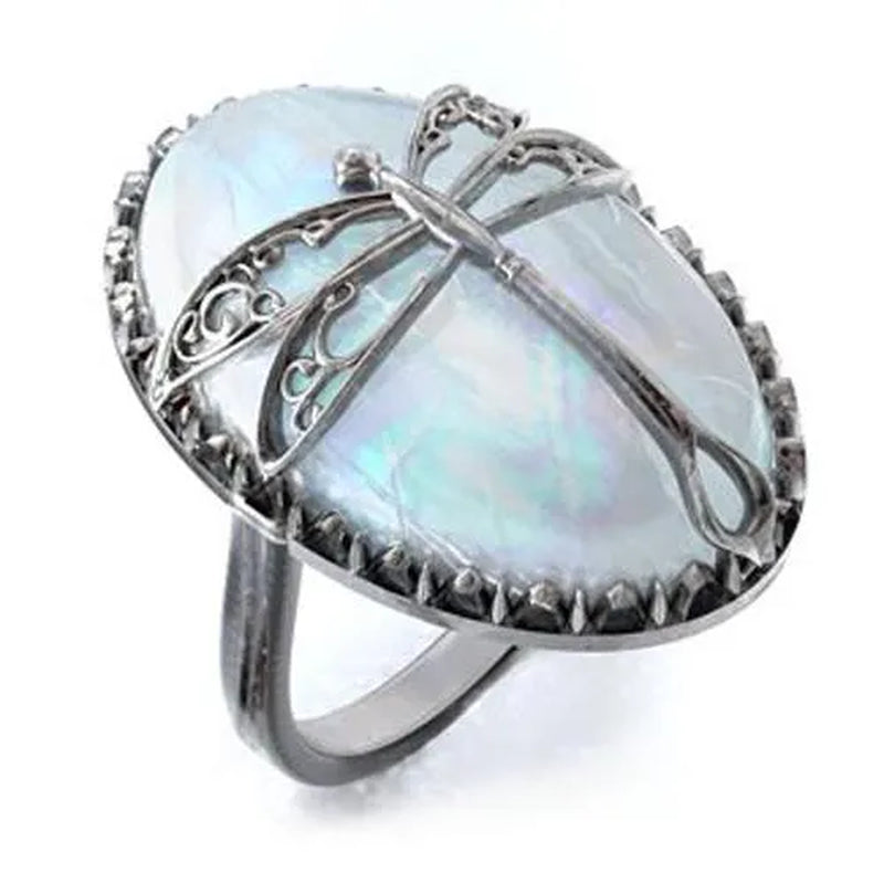 Antique Silver Dragonfly Ring Women's Vintage Big Moonstone Murdoch Diamond Dragonfly Ring Anniversary Gift Engagement Party Wedding Jewelry Rings Size 5-10