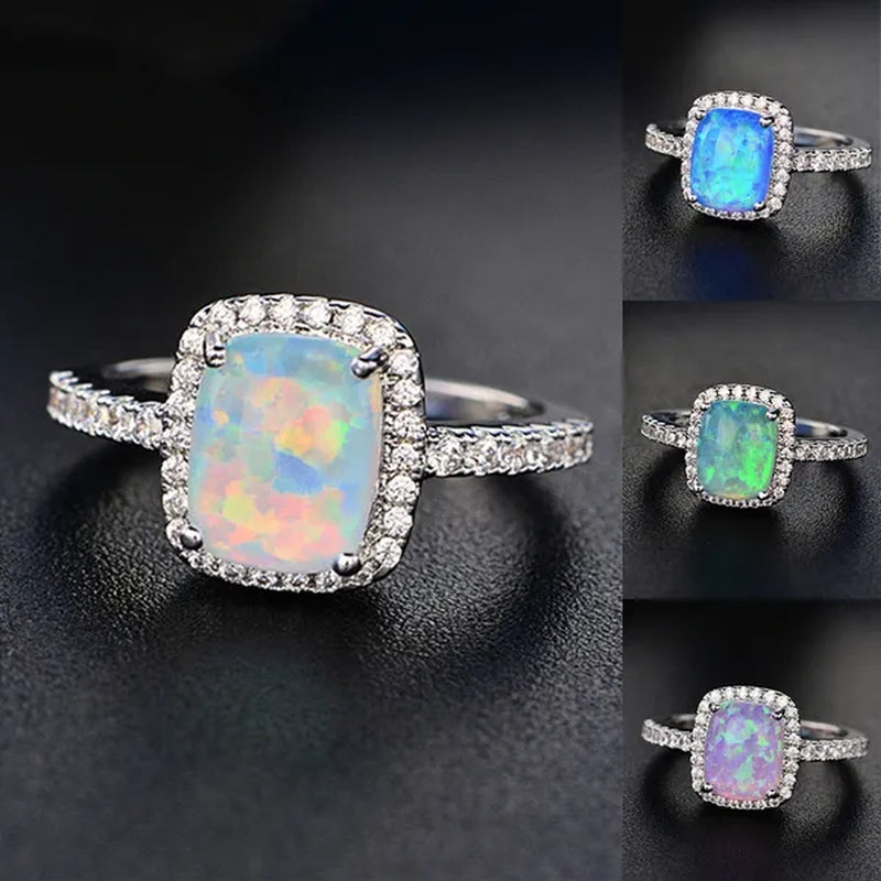 Cushion Cut Opal & CZ 925 Sterling Silver Engagement Wedding Ring for Women Girl Size 5-11