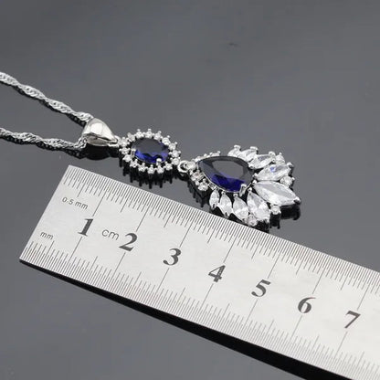 Blue Zircon With White Topaz Crystal Water Drop Shaped Silver Jewelry Sets Necklace Pendant Earring Ring Bracelet For Women