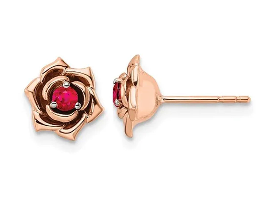 1/6 Carat (Ctw) Ruby Flower Earrings Button in 14K Rose Pink Yellow Gold