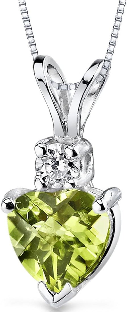 14K White Gold Peridot and Diamond Pendant for Women, Genuine Gemstone, Heart Shape Solitaire, 6Mm, 1 Carat Total, Real Gold Peridot Jewelry, August Birthstone Necklace, W/Jewelry Box
