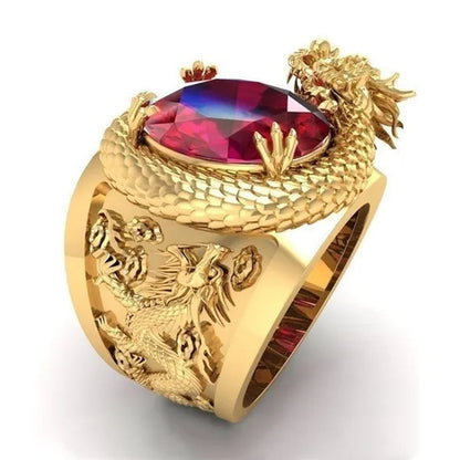 Latest Luxury Jewelry Design Domineering 3D Dragon Gold Ring for Men Luxury Hip Hop Punk Style Ruby Gemstone Jewelry Anniversary Birthday Gift Wedding Engagement Banquet Party Ring Size 7-13