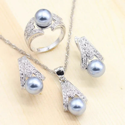 925 silver jewelry sets Women Pearl Necklace Pendant Ring Earring for dance Party Jewelry
