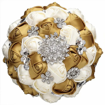 20CM Satin Ribbon Rhinestone Simulation Flowers Bridal Bouquet Handmade Diamond Brooch Wedding Bouquet Bridesmaid Holding Flowers