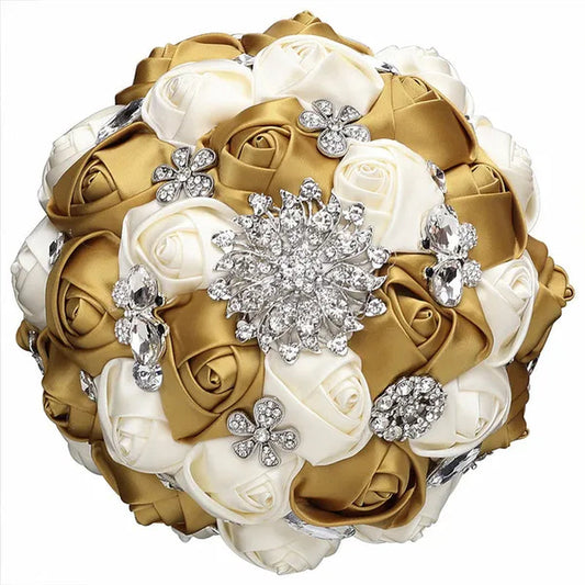 20CM Satin Ribbon Rhinestone Simulation Flowers Bridal Bouquet Handmade Diamond Brooch Wedding Bouquet Bridesmaid Holding Flowers