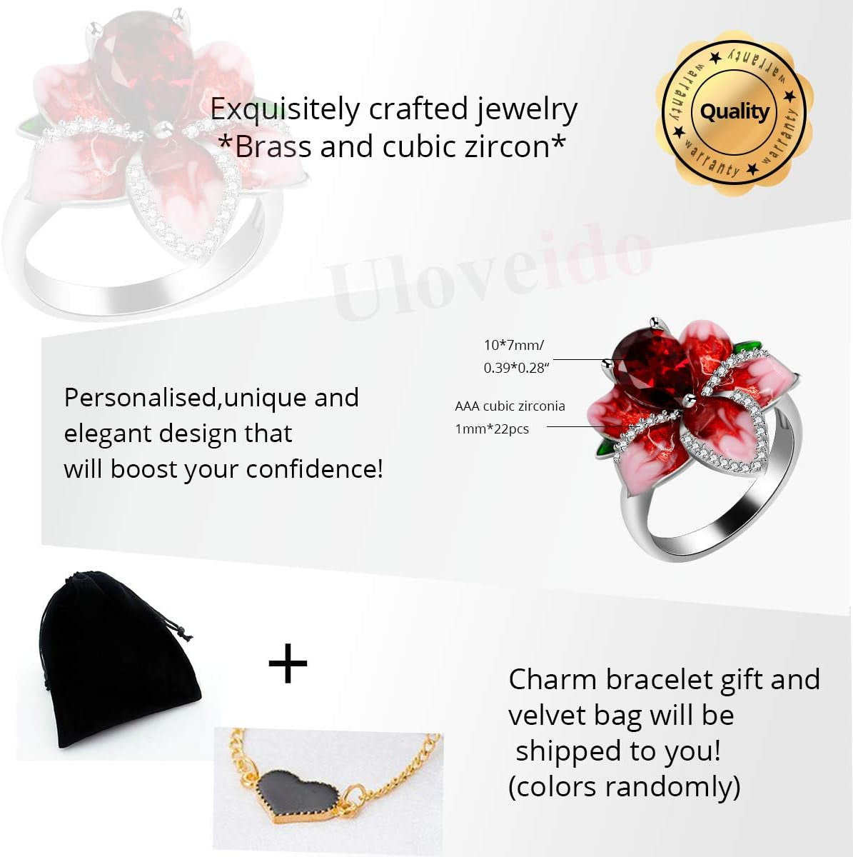 Beautiful Red Enamel Rose Ring for Women Blossom Flower Rings with Pear Cut Cubic Zirconia Cocktail Summer Ring RA627