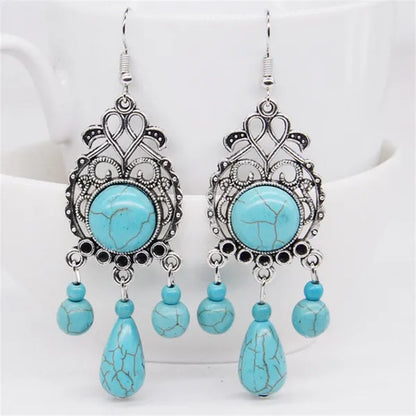 Retro Carved Turquoise Earrings Europe Exaggerated Sapphire Earrings Bohemian Pierced Earrings