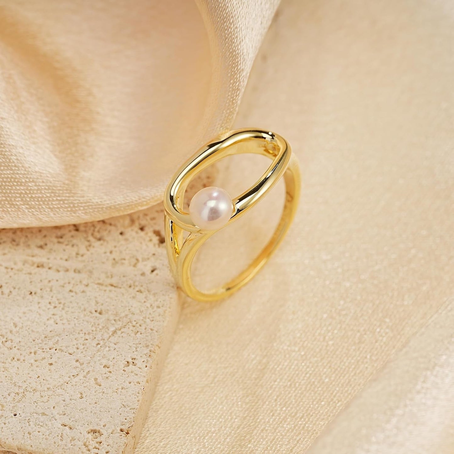 Slyph Pearl Ring for Women 14K Gold Plated Irregular Statement Ring Danity Promise Rings for Birthday Wedding Band Bridal Ring Jewelry Gifts Size 6-9