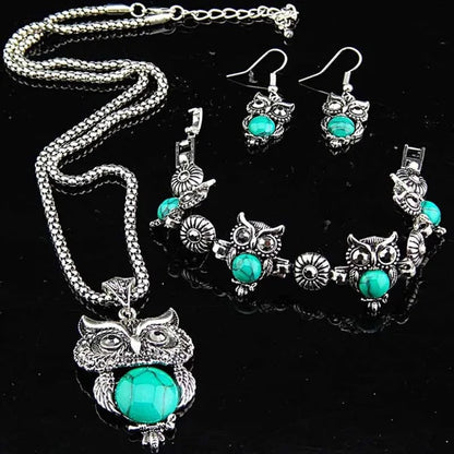 2015 New Charms Owl Natural Black Stone Antique Silver P Earrings Necklace Bracelet Vintage Womens Jewelry Set 1093