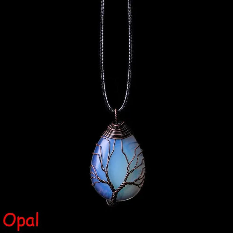 Vintage Natural Gemtone Crystal Amethyst Rose Quartz Tiger Eye Stone Water Drop Tree of Life Pendant Necklace for Women Men Jewelry
