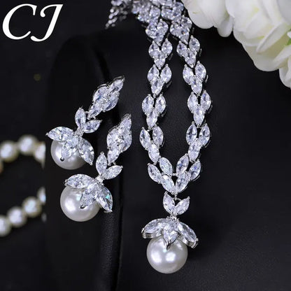 CANDICE Elegant Bridal Accessories AAA Cubic Zirconia with round White Pearl Pendant Necklace Earrings Wedding Jewelry Sets for Women