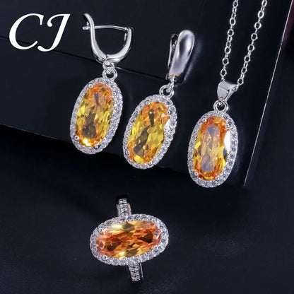 CANDICE Fashion Women Sterling Silver Plated Jewelry Sets for Girls Lovely Oval Pink CZ Stone Party Necklace Earrings Ring Set（Us 7-9)