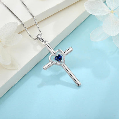 Cross Necklace for Women 925 Sterling Silver Heart Birthstone Pendant Necklace Crucifix Religious Gemstone Jewelry Gift for Women Her Mom Wife Girlfriend Daughter