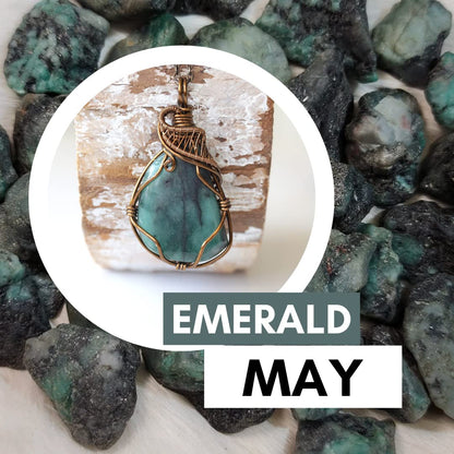 Emerald Wire Wrapped Pendant, Copper Crystal Necklace, with 24 Inch Antique Bronze Chain, May Birthstone Jewelry, Handmade in North America