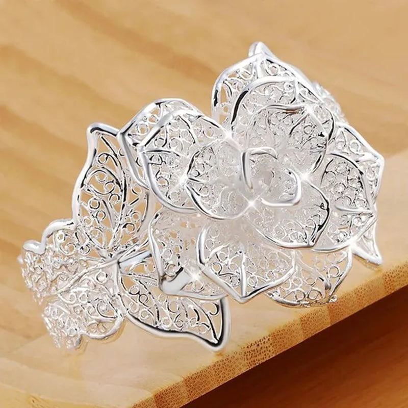 Exquisite 925 Sterling Silver Hollow Filigree Blooming Rose Flower Open Bangle Bracelet Charm Jewelry Gift