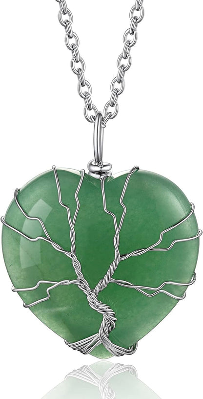 Tree of Life Wrapped Healing Crystal Necklaces 12 Month Birthstone Pendant for Women Grils, Crescent/Heart Gemstone Jewelry, Vintage Birthday Gifts/Energy Gift