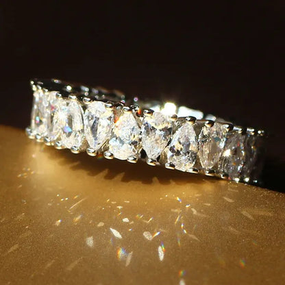 Luxurious  Silver Natural Gemstones White Sapphire Wedding Birthstone Bride Flower Engagement Ellipse Drop Ring Jewelry Size 6 7 8 9 10