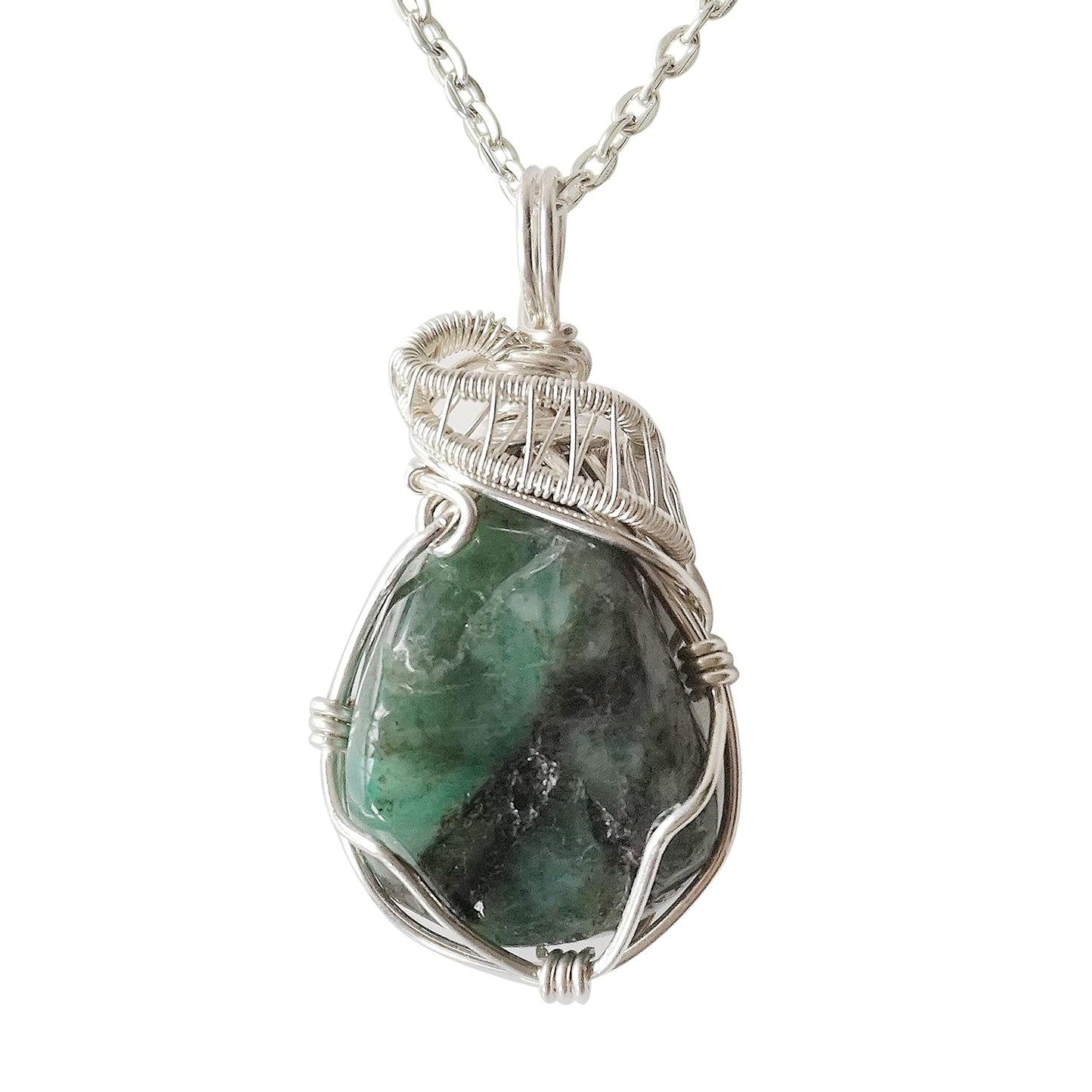 Raw Emerald Necklace, May Birthstone Jewelry, with 18 Inch Sterling Silver Chain, Genuine Raw Crystal, Handmade in North America