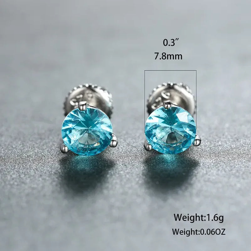 8MM 925 Silver/14K Gold/Rose Gold round Cut Light Aqua Blue Aquamarine Stud Earrings round Lab Diamond Screwback Stud Earrings