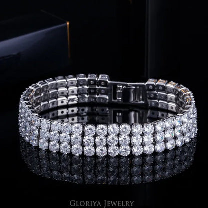 Gloriya Hot Selling Gorgeous 3 Row Round Sparkly Top Grade Zirconia Wide Bridal Bracelets for Women Engagement Wedding Party Jewelry