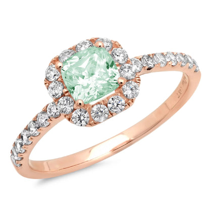 1.23Ct Princess Cut VVS1 Genuine Conflict Free Green Simulated Diamond Stamped Solid 14K Pink Rose Gold Designer Bridal Anniversary Engagement Wedding Halo Solitaire with Accents Ring Size 6