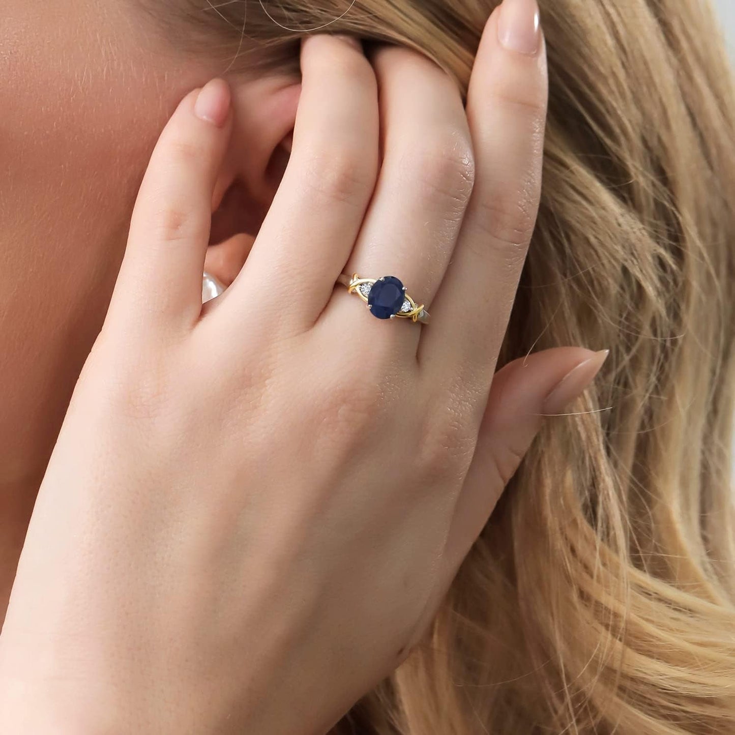 10K Yellow Gold and 925 Sterling Silver Blue Sapphire and White Lab Grown Diamond Engagement Ring for Women | 1.88 Cttw | Oval 8X6MM | Ring Size 5-9