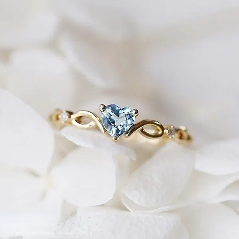 (6 Colors) Simple and Exquisite Women'S Gold -Plated Sky Blue Heart-Shaped Sapphire Diamond Fashion Ring Engagement Wedding Gift Birthday Party High Jewelry (Size 5-11)