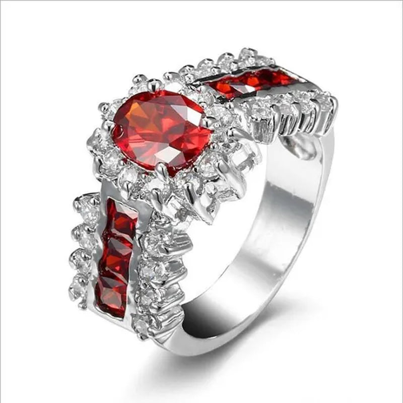 HOT Brand  Fashion Oval Cut Blue Sapphire&Red Ruby Wedding Ring 18k White Gold Jewlry for Women