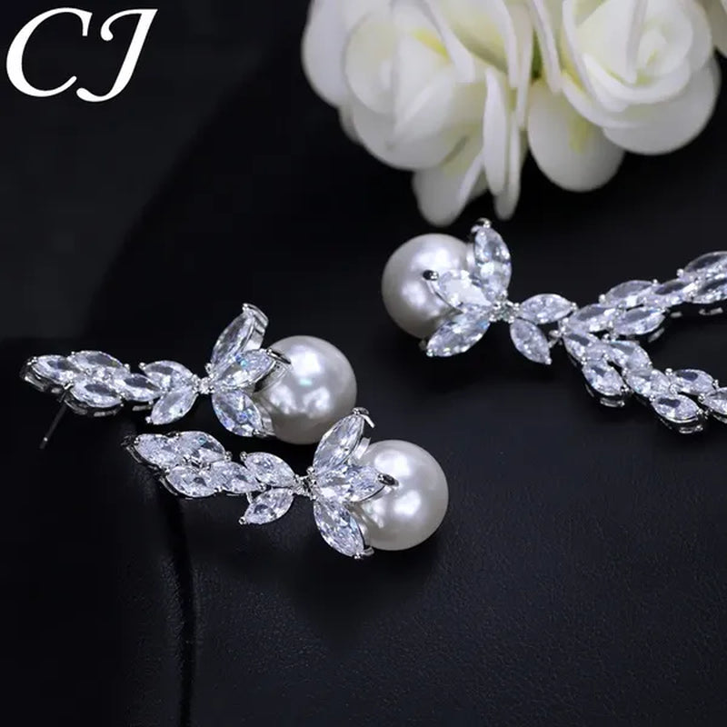 CANDICE Elegant Bridal Accessories AAA Cubic Zirconia with round White Pearl Pendant Necklace Earrings Wedding Jewelry Sets for Women