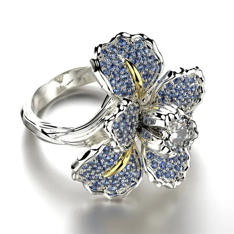 Silver Ring Iris Flower Two Tone Ring Blue Sapphire Flower Engagement Cocktail Ring Statement Crown Ring Natural Gemstones Ring Wedding Bride Engagement Band Charm Party Ring Jewelry