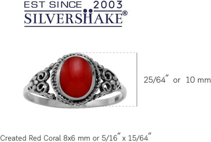 8X6Mm Created Oval Shape Red Coral Inlay 925 Sterling Silver Filigree Victorian Style Ring Gemstone Jewelry Size 8