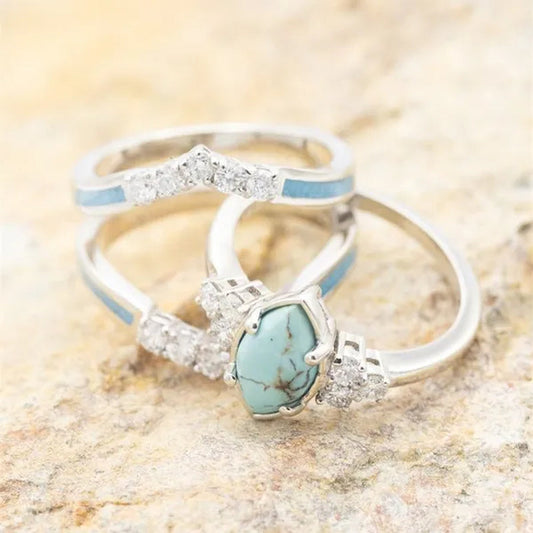 3Pcs/set Exquisite and Elegant Inlaid Zircon and Turquoise Women's Ring, Fashionable Bride Engagement Wedding Ring Set Promise Ring, Valentine's Day, Birthday Gift for Her, Jewelry Accessories